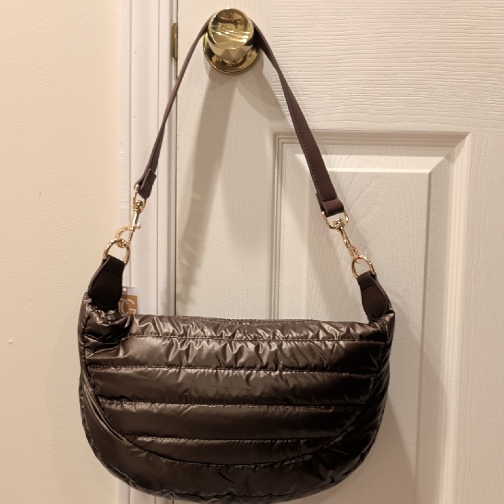 Quilted Puffer Crescent Shoulder Bag in Chocolate